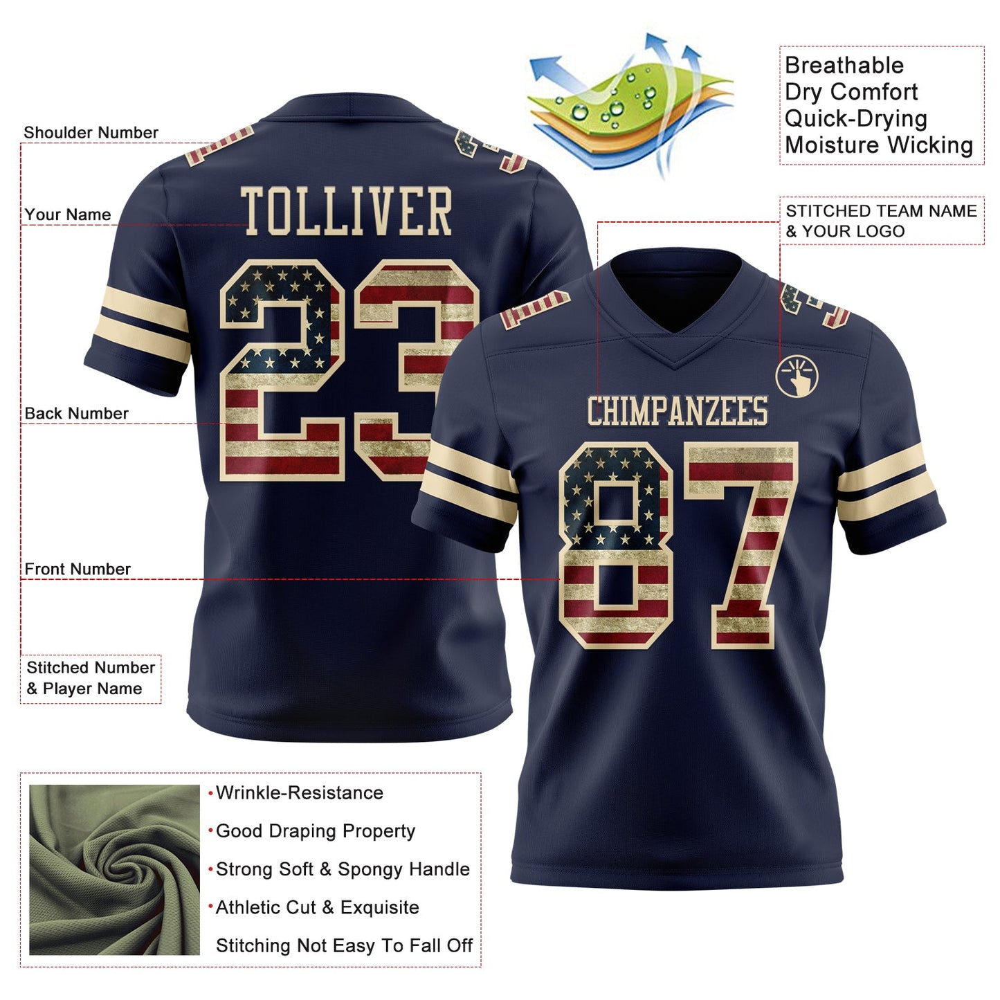 Custom Navy Vintage USA Flag-Cream Mesh Authentic Football Jersey