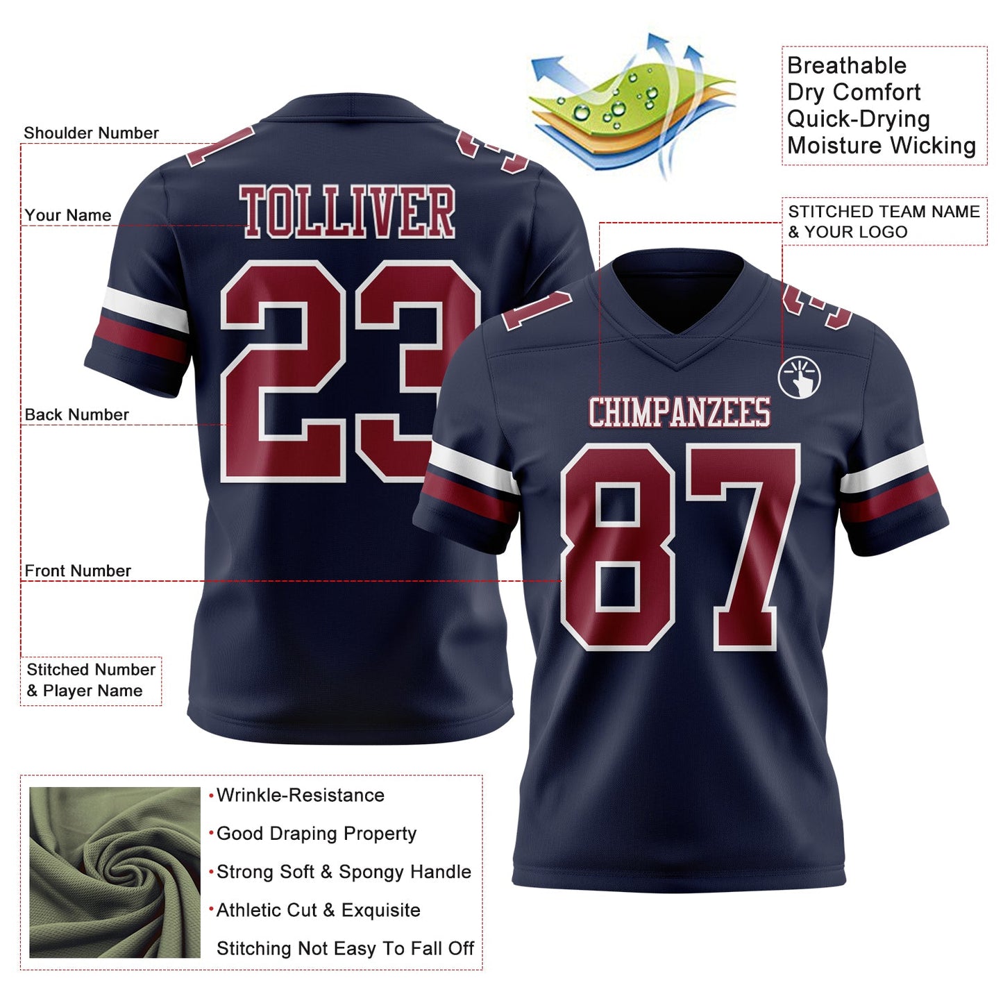 Custom Navy Crimson-White Mesh Authentic Football Jersey