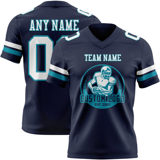 Custom Navy White-Teal Mesh Authentic Football Jersey