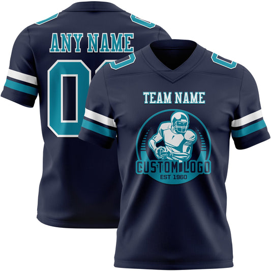 Custom Navy Teal-White Mesh Authentic Football Jersey