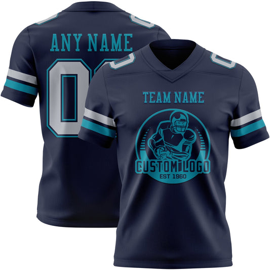 Custom Navy Gray-Teal Mesh Authentic Football Jersey