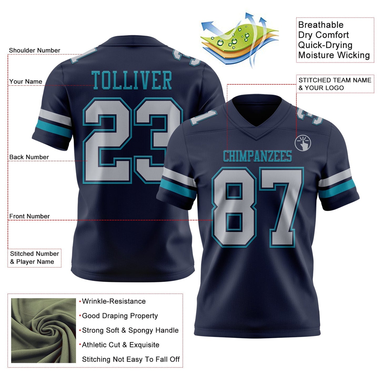 Custom Navy Gray-Teal Mesh Authentic Football Jersey