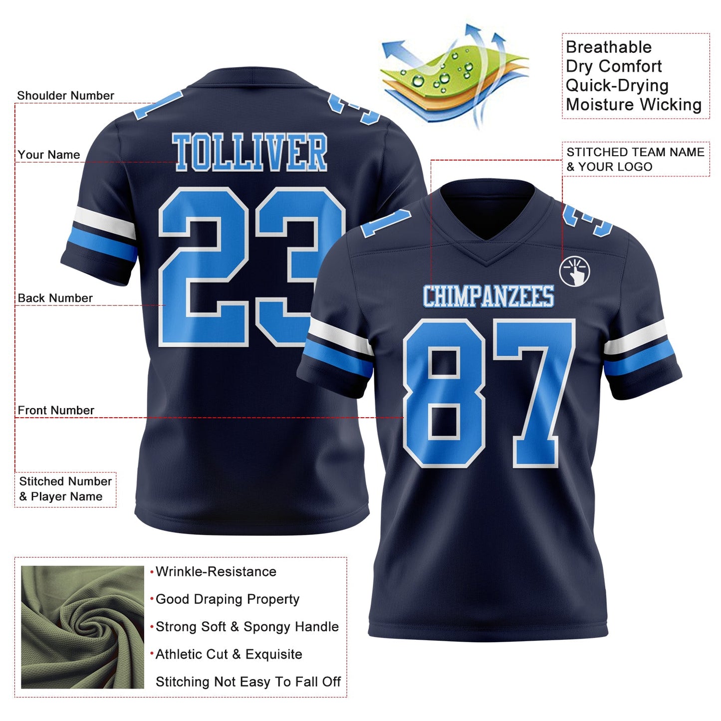 Custom Navy Powder Blue-White Mesh Authentic Football Jersey