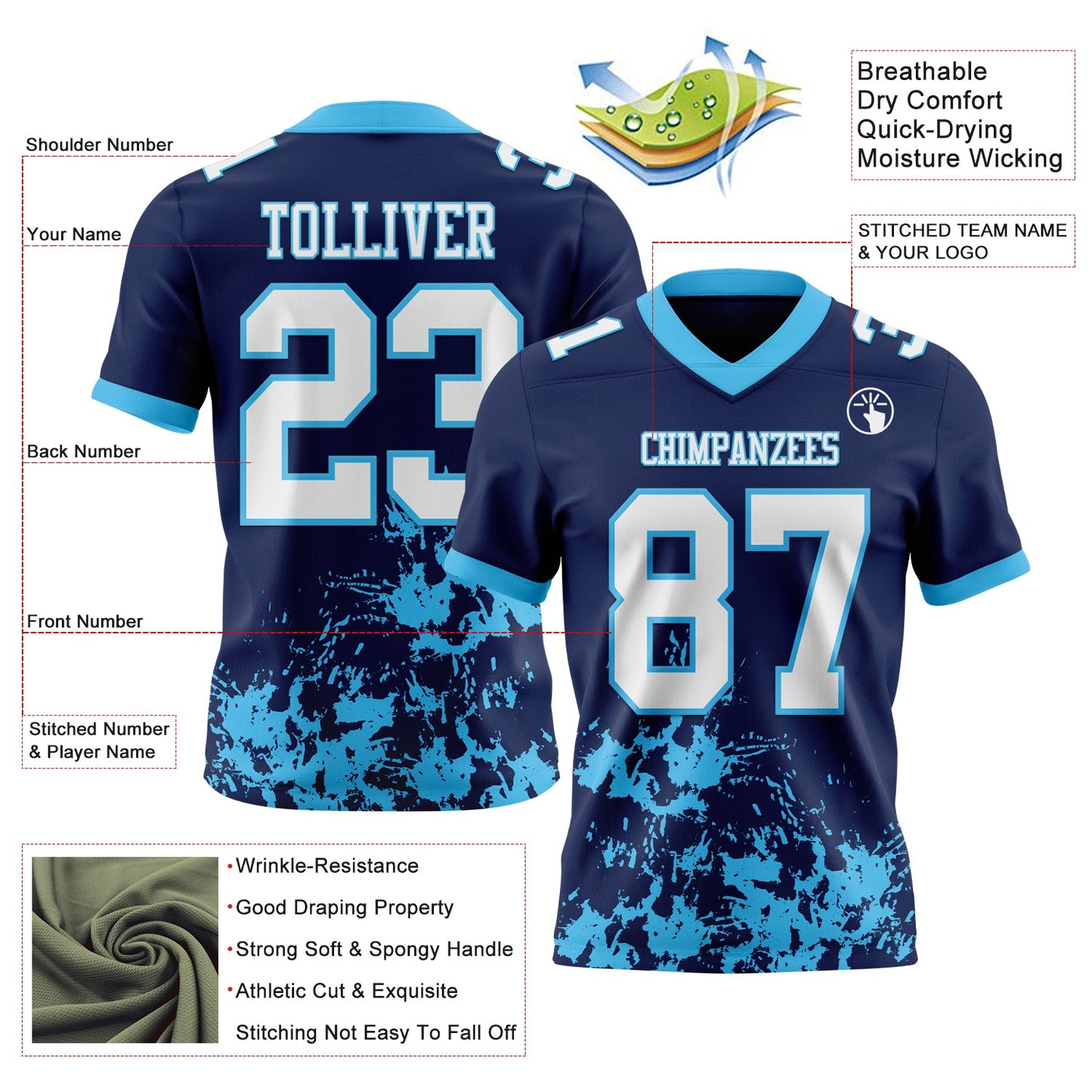 Custom Navy White-Sky Blue Splash Mesh Authentic Football Jersey