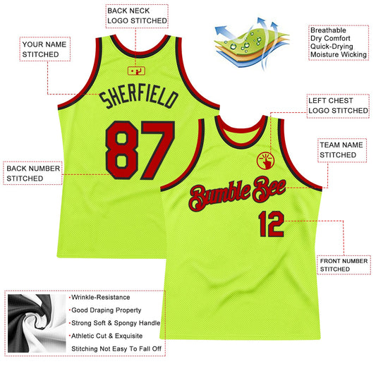 Custom Neon Green Red-Black Authentic Throwback Basketball Jersey