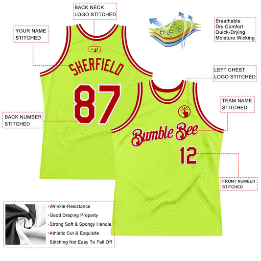 Custom Neon Green Red-White Authentic Throwback Basketball Jersey