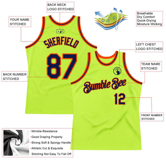 Custom Neon Green Navy-Orange Authentic Throwback Basketball Jersey
