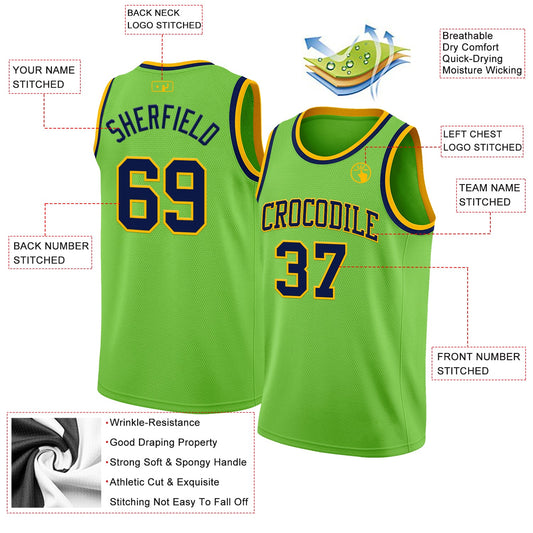 Custom Neon Green Navy-Gold Authentic Basketball Jersey