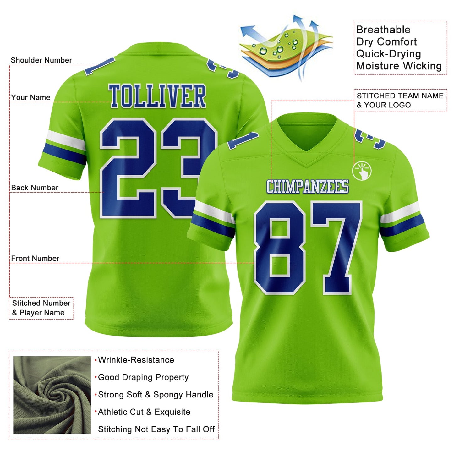 Custom Neon Green Royal-White Mesh Authentic Football Jersey