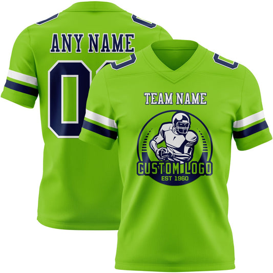 Custom Neon Green Navy-White Mesh Authentic Football Jersey