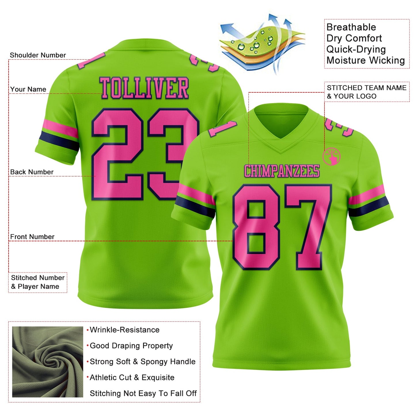 Custom Neon Green Pink-Navy Mesh Authentic Football Jersey