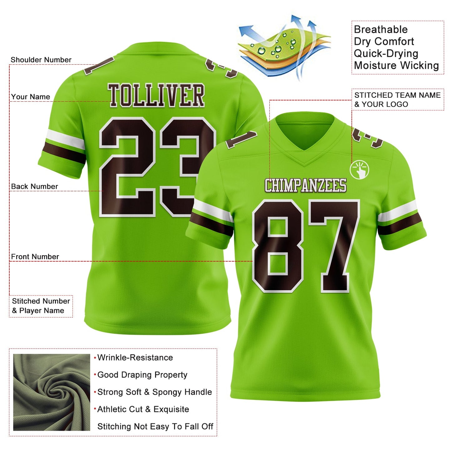 Custom Neon Green Brown-White Mesh Authentic Football Jersey