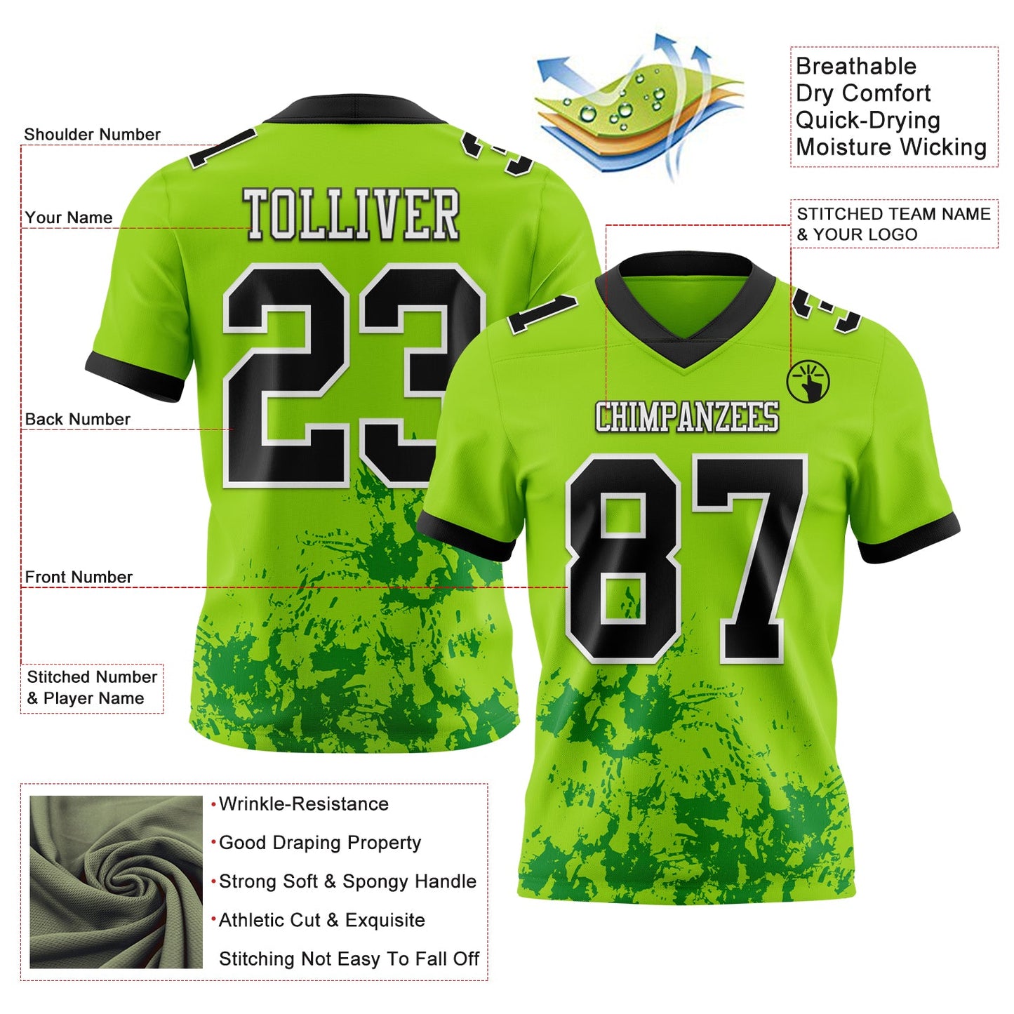 Custom Neon Green Black Grass Green-White Splash Mesh Authentic Football Jersey