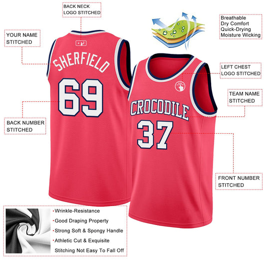 Custom Neon Pink White-Navy Authentic Basketball Jersey