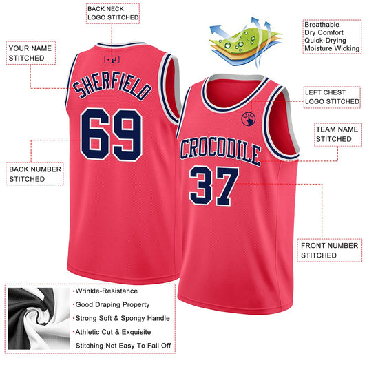 Custom Neon Pink Navy-White Authentic Basketball Jersey