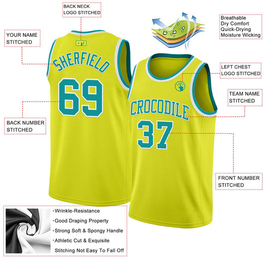 Custom Neon Yellow Teal-White Authentic Basketball Jersey
