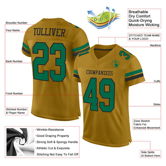 Custom Old Gold Kelly Green-Black Mesh Authentic Football Jersey