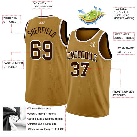 Custom Old Gold Brown-White Authentic Basketball Jersey