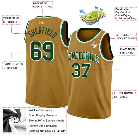 Custom Old Gold Green-White Authentic Basketball Jersey