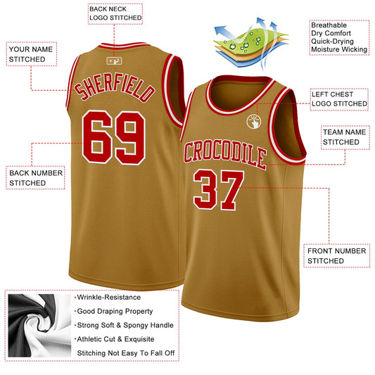 Custom Old Gold Red-White Authentic Basketball Jersey