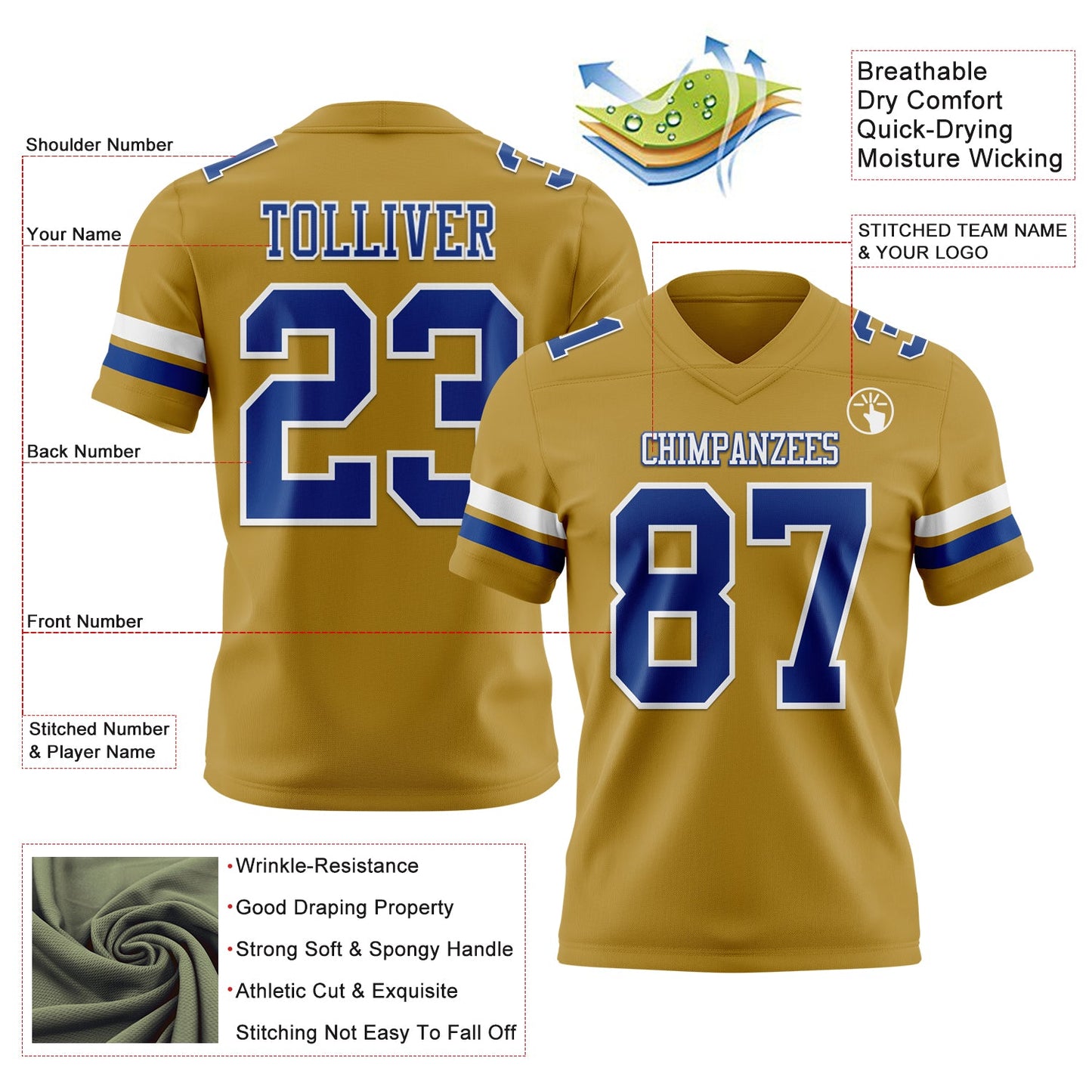 Custom Old Gold Royal-White Mesh Authentic Football Jersey