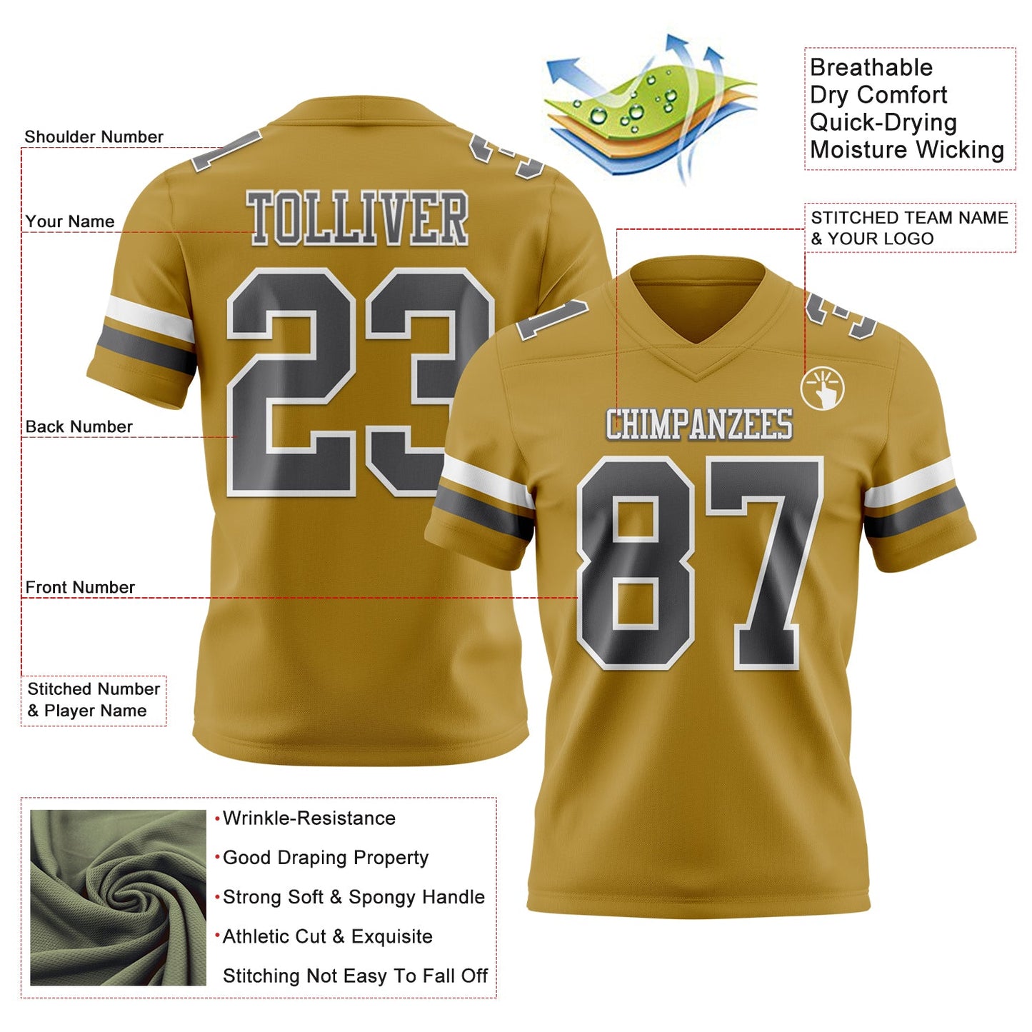 Custom Old Gold Steel Gray-White Mesh Authentic Football Jersey