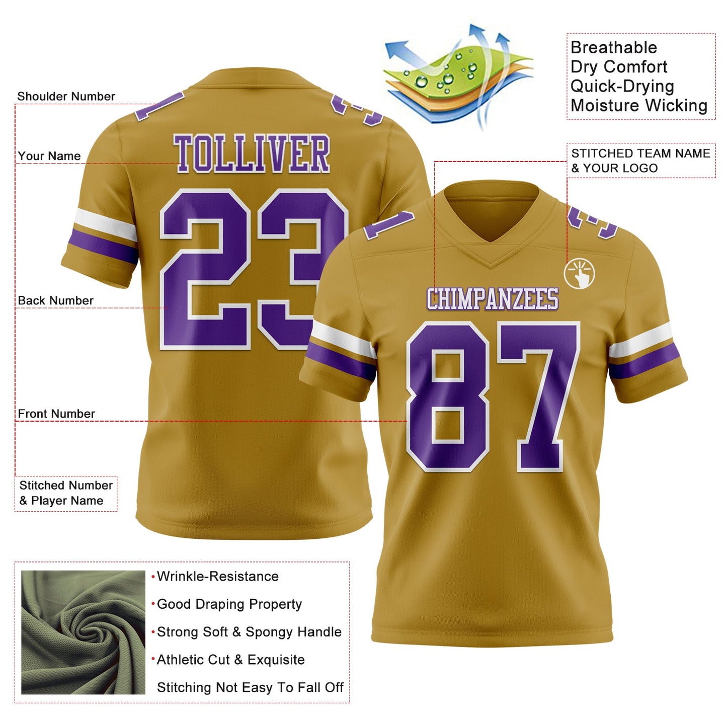 Custom Old Gold Purple-White Mesh Authentic Football Jersey