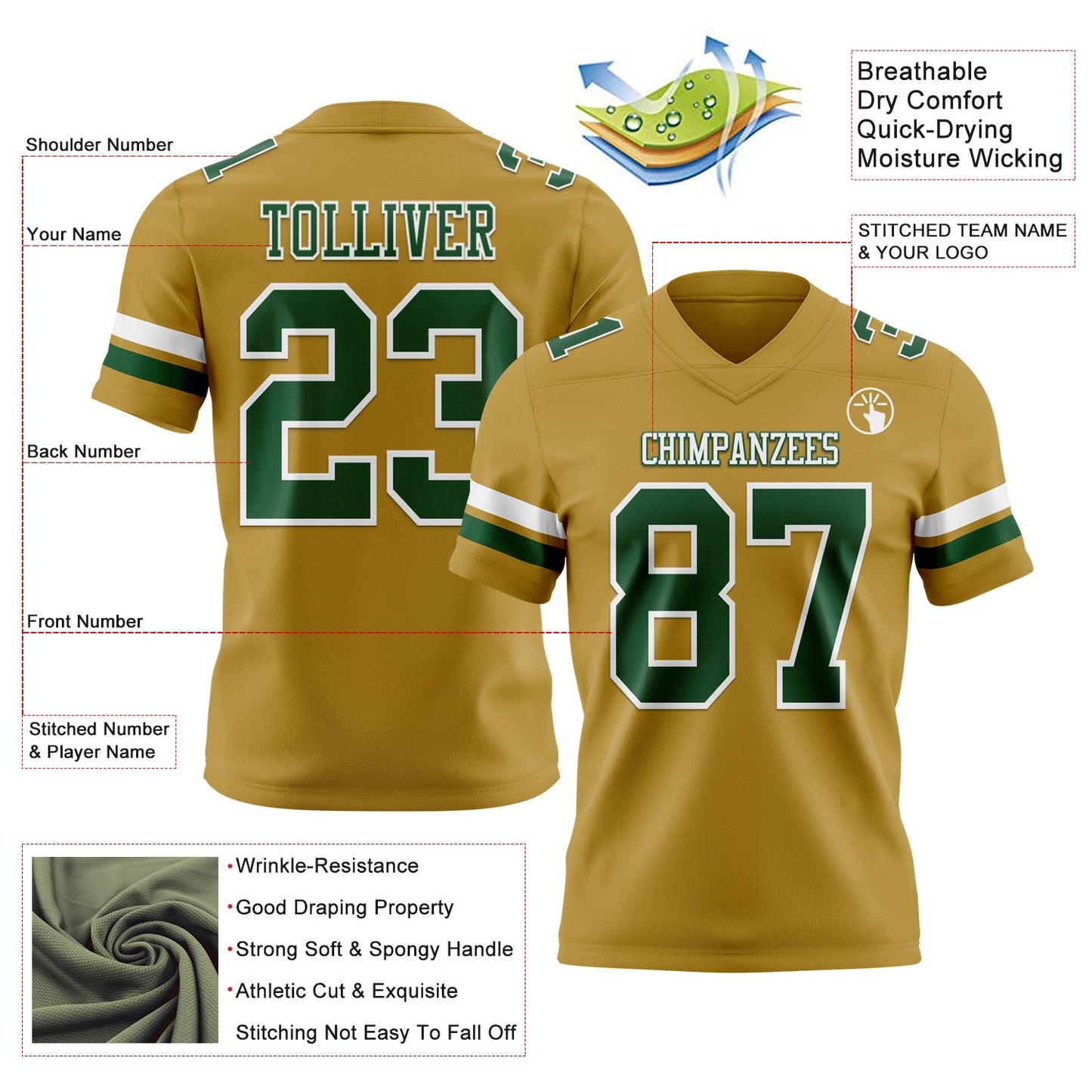 Custom Old Gold Green-White Mesh Authentic Football Jersey