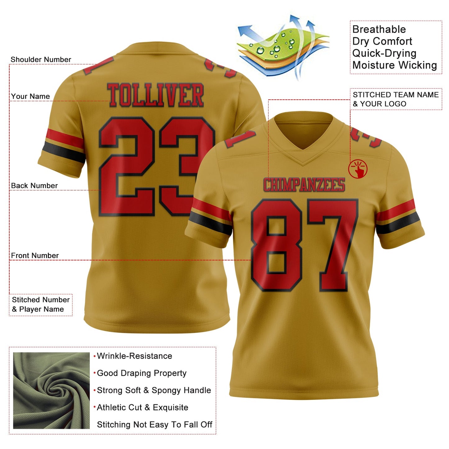 Custom Old Gold Red-Black Mesh Authentic Football Jersey