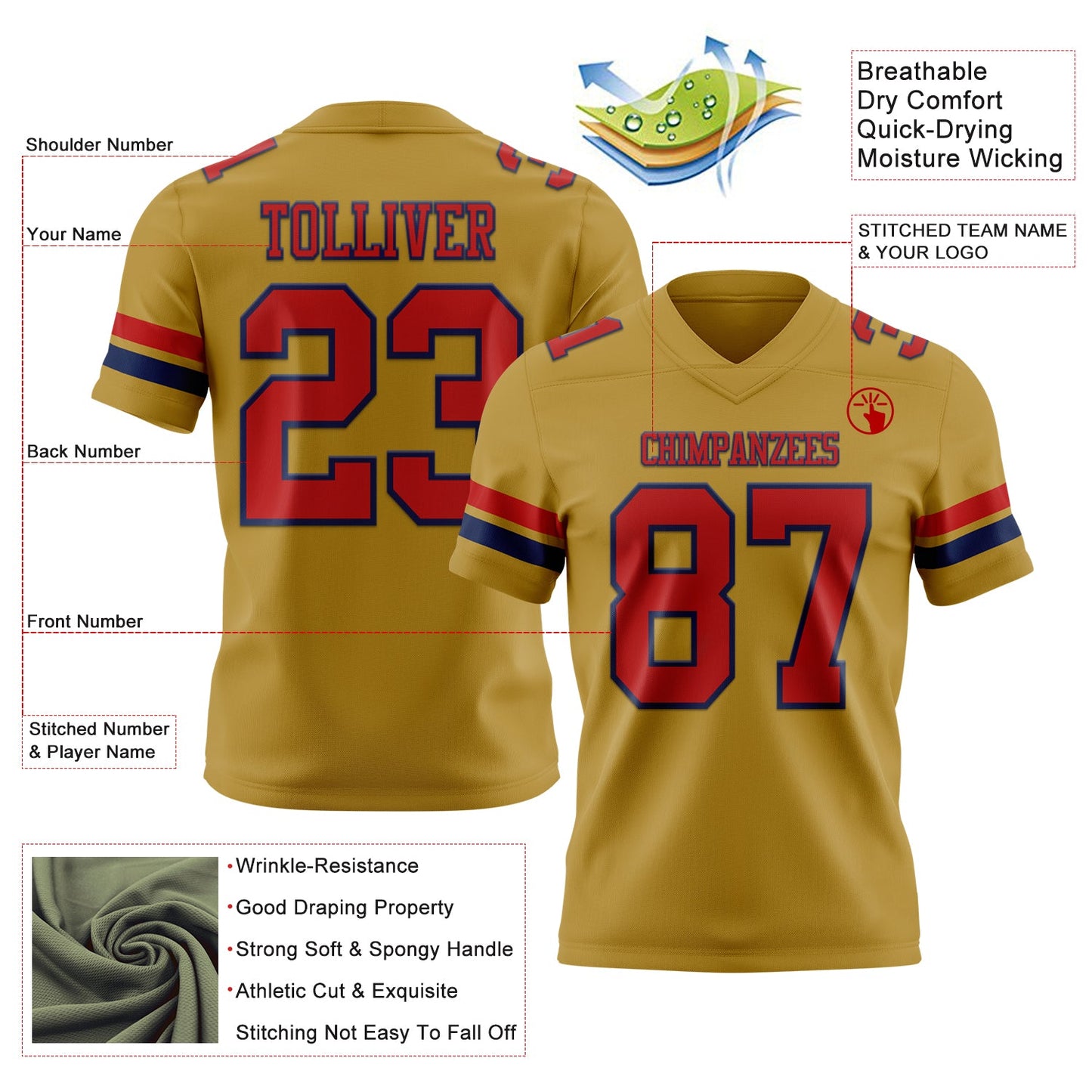 Custom Old Gold Red-Navy Mesh Authentic Football Jersey