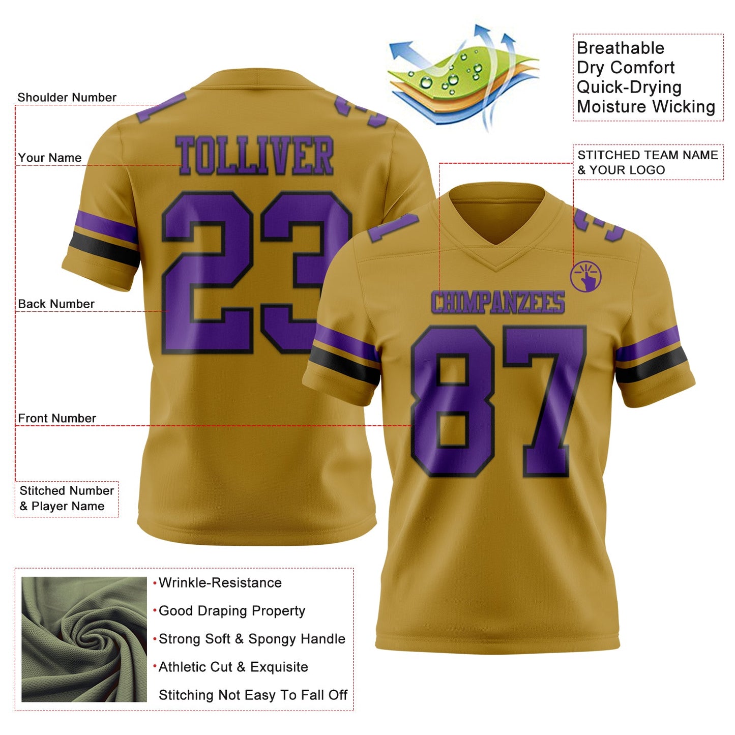 Custom Old Gold Purple-Black Mesh Authentic Football Jersey