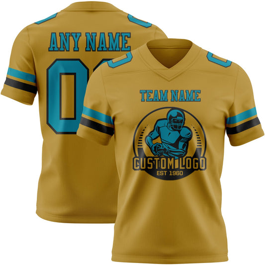 Custom Old Gold Teal-Black Mesh Authentic Football Jersey