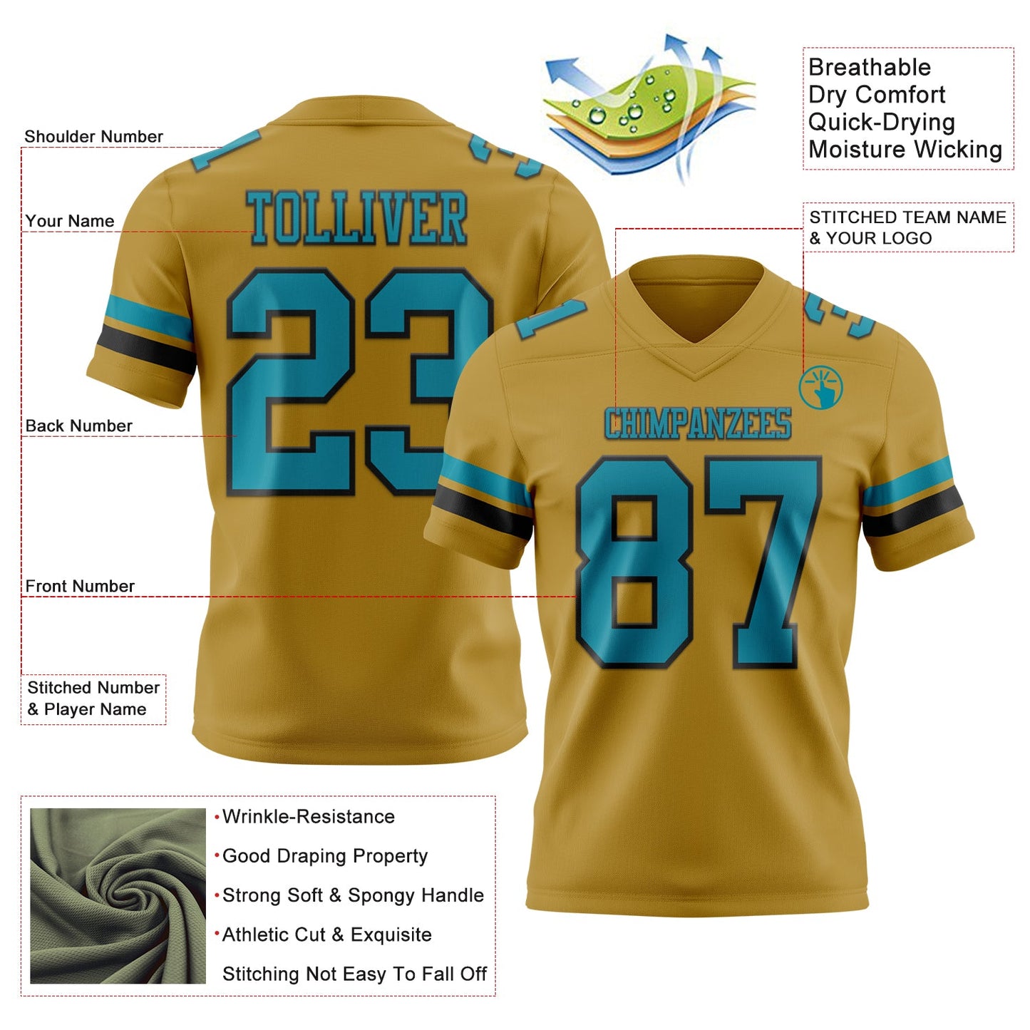 Custom Old Gold Teal-Black Mesh Authentic Football Jersey