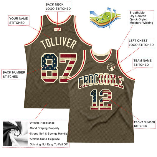 Custom Olive Vintage USA Flag-Cream Authentic Throwback Salute To Service Basketball Jersey