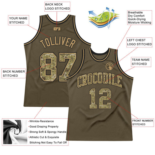 Custom Olive Camo-Old Gold Authentic Throwback Salute To Service Basketball Jersey