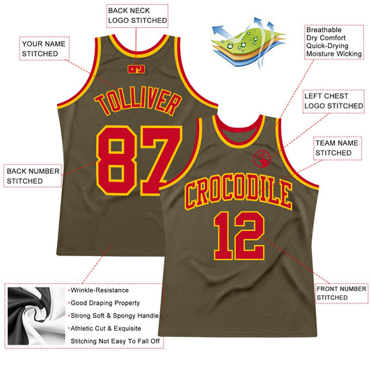 Custom Olive Red-Gold Authentic Throwback Salute To Service Basketball Jersey