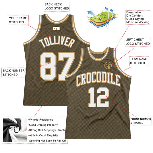 Custom Olive White-Old Gold Authentic Throwback Salute To Service Basketball Jersey