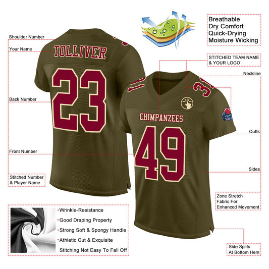 Custom Olive Maroon-Cream Mesh Authentic Salute To Service Football Jersey