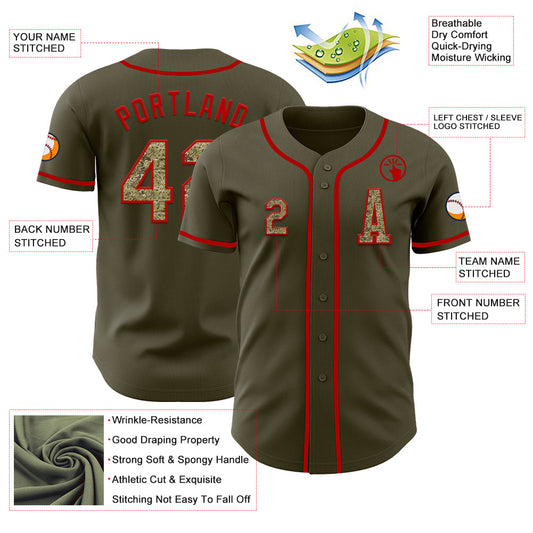 Custom Olive Camo-Red Authentic Salute To Service Baseball Jersey