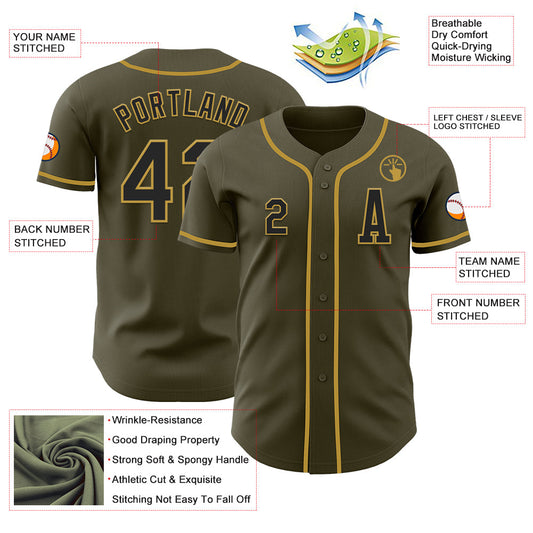 Custom Olive Black-Old Gold Authentic Salute To Service Baseball Jersey