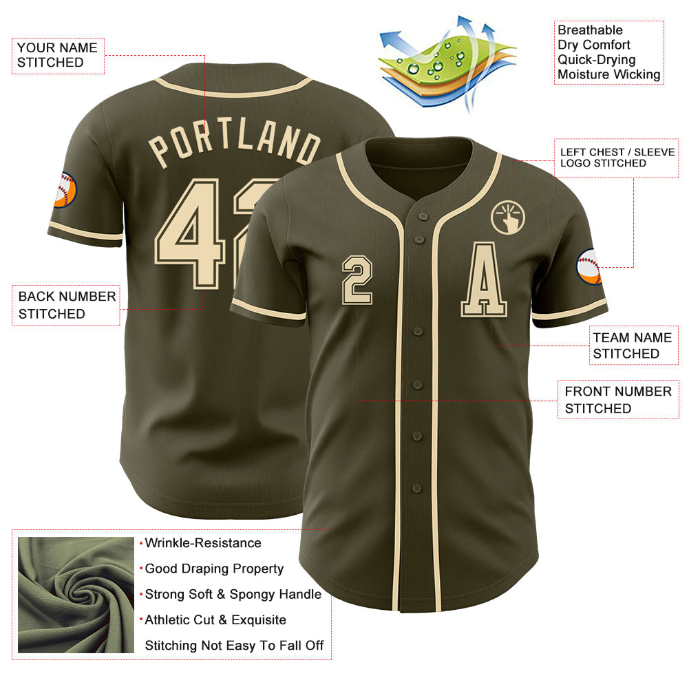 Custom Olive Cream Authentic Salute To Service Baseball Jersey