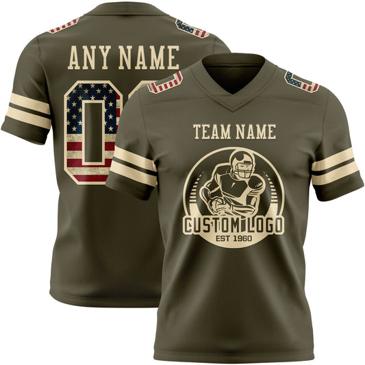 Custom Olive Vintage USA Flag-Cream Mesh Authentic Salute To Service Football Jersey