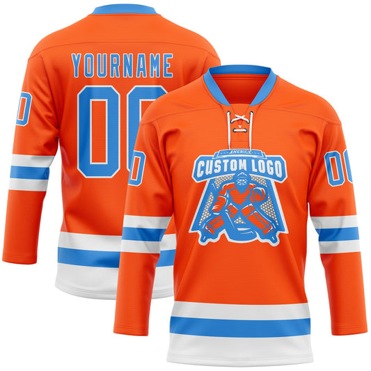 Custom Orange Powder Blue-White Hockey Lace Neck Jersey