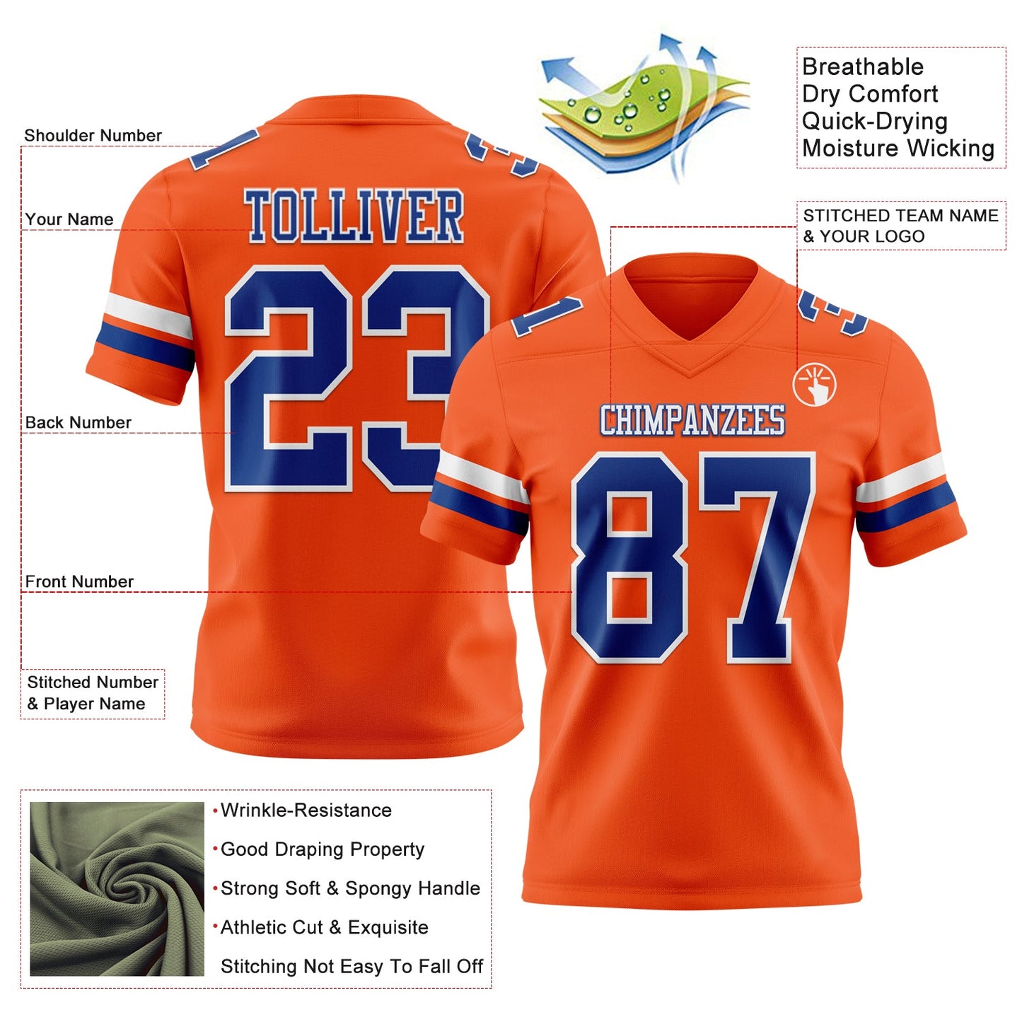 Custom Orange Royal-White Mesh Authentic Football Jersey