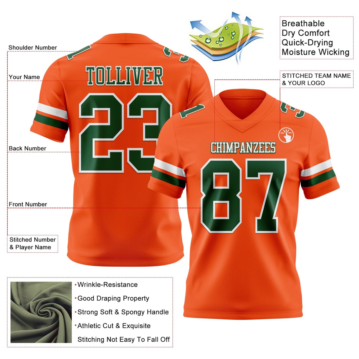 Custom Orange Green-White Mesh Authentic Football Jersey
