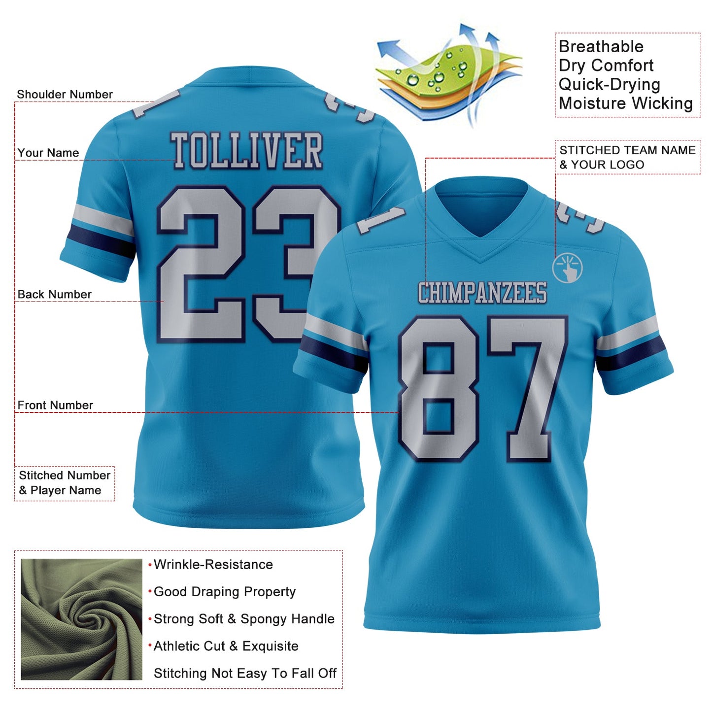 Custom Panther Blue Gray-Navy Mesh Authentic Football Jersey