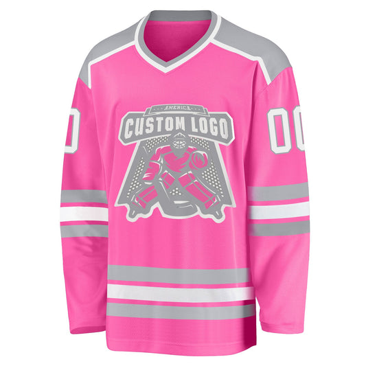 Custom Pink White-Gray Hockey Jersey