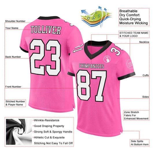Custom Pink White-Black Mesh Authentic Football Jersey
