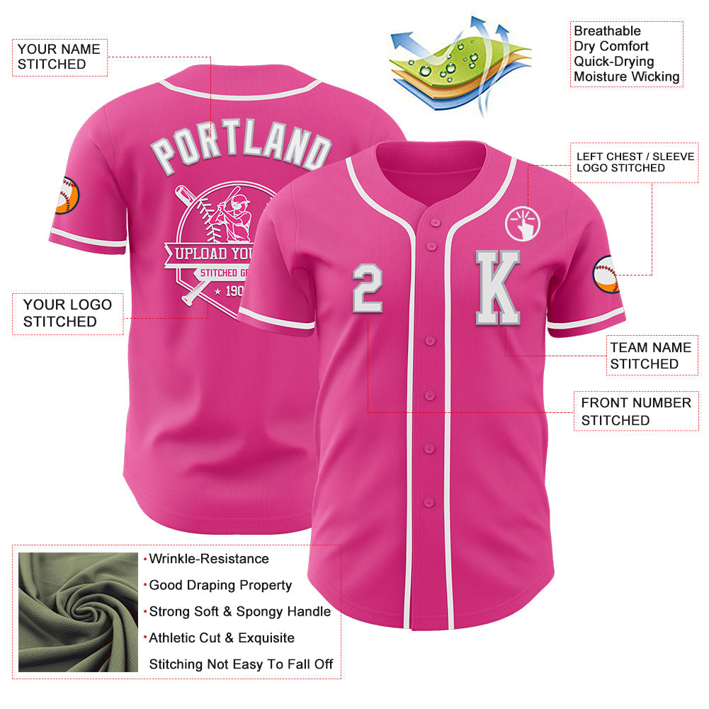Custom Pink White-Gray Authentic Baseball Jersey