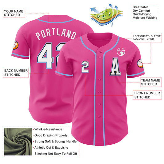 Custom Pink Black-Light Blue Authentic Baseball Jersey
